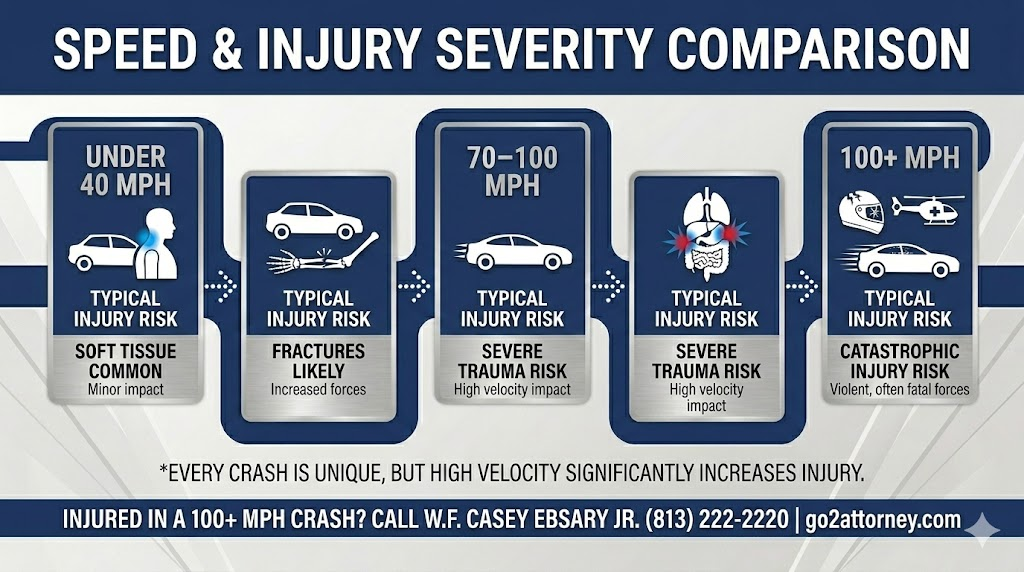 The force of impact increases exponentially with speed. A crash at 100 mph carries significantly greater destructive force than one at 50 mph.