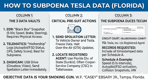 As technology increasingly shapes how accidents are investigated, understanding how to preserve and obtain Tesla crash data—often through subpoenas and evidence preservation letters—can play a crucial role in proving liability and pursuing compensation after a serious Florida car accident.