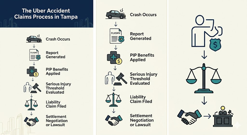 Crash Occurs ↓ FLHSMV Report Generated ↓ PIP Benefits Applied ↓ Serious Injury Threshold Evaluated ↓ Liability Claim Filed Against At-Fault Party ↓ Settlement Negotiation or Lawsuit