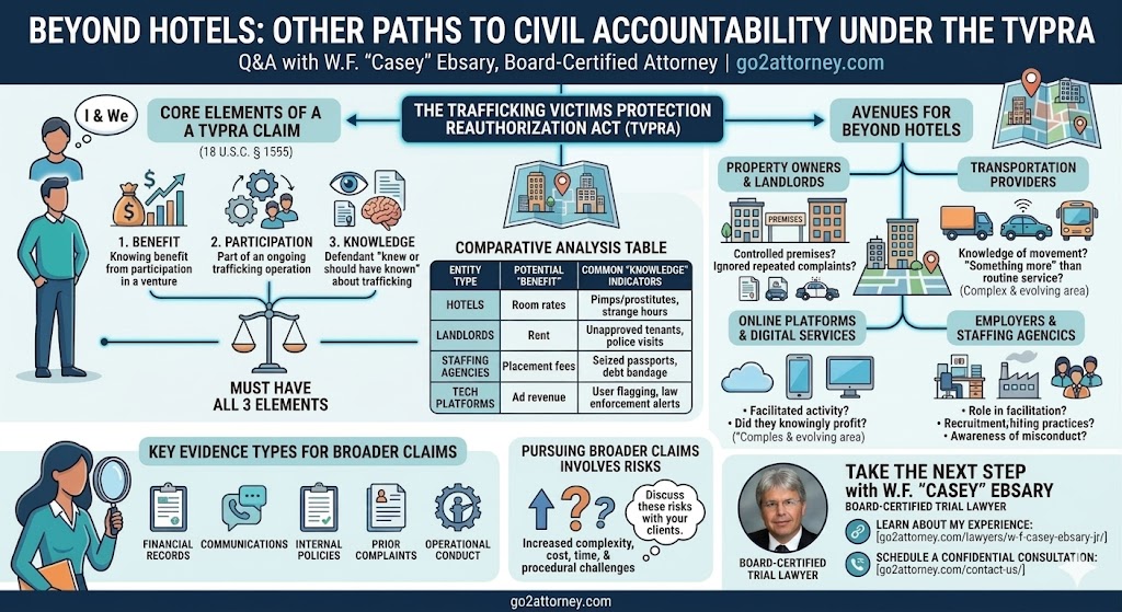While many discussions focus on claims against hotels, the reality is that the Trafficking Victims Protection Reauthorization Act (TVPRA) extends far beyond a single industry. In my experience, trafficking cases often involve networks of individuals and entities—some obvious, others less so. The law allows victims to pursue civil claims against those who played a role in the exploitation, provided the legal elements can be established.