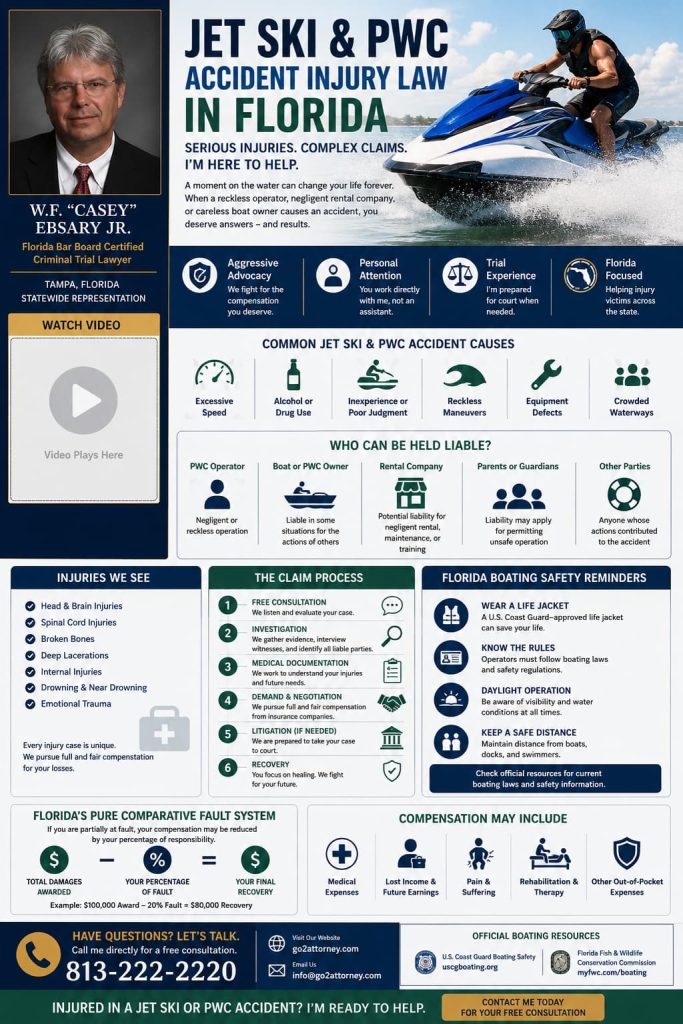 Video: Jet Ski, WaveRunner, or Sea-Doo Accident? I am W.F. “Casey” Ebsary Jr., and I represent injury victims throughout Florida. When someone else's careless or reckless conduct causes serious injuries on the water, I help my clients pursue compensation for medical expenses, lost income, pain and suffering, and other damages allowed by law.