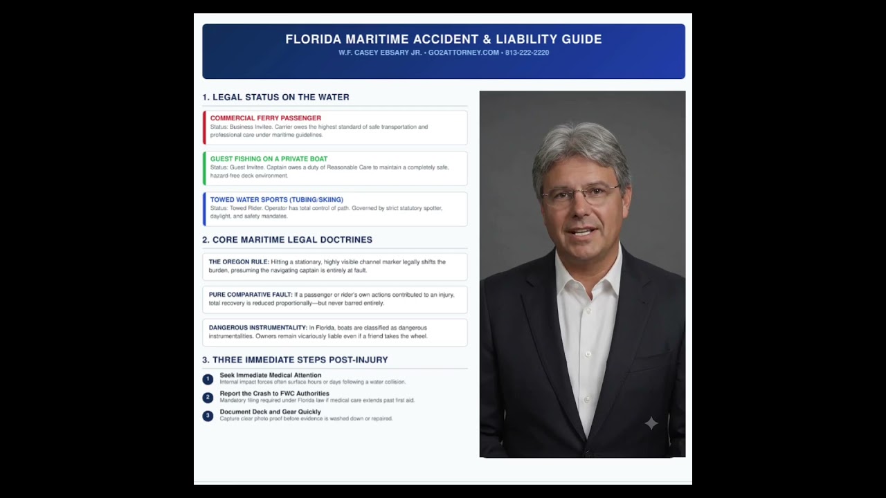 Boat Accident Video: I am W.F. "Casey" Ebsary Jr., a Florida Bar Board Certified Criminal Trial Lawyer and former prosecutor practicing in the Tampa Bay area. If you or a loved one has been injured on the water, you need an experienced trial advocate who will handle your case directly without passing you off to an assistant or a case manager. I have spent my career representing injured individuals—never the insurance corporations. Please contact my office today at 813-222-2220, or visit our secure Contact Us Page to schedule your free consultation. You can also learn more about my background, education, and credentials by visiting my official Attorney Bio Page.